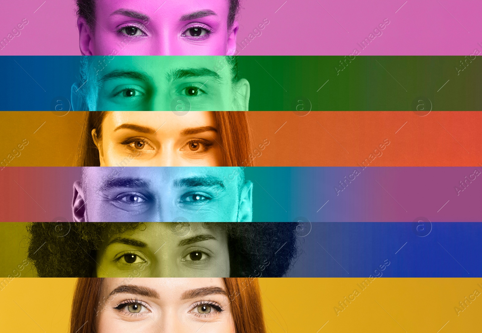 Image of Men and women, closeup. Collage with color toned photos of eyes