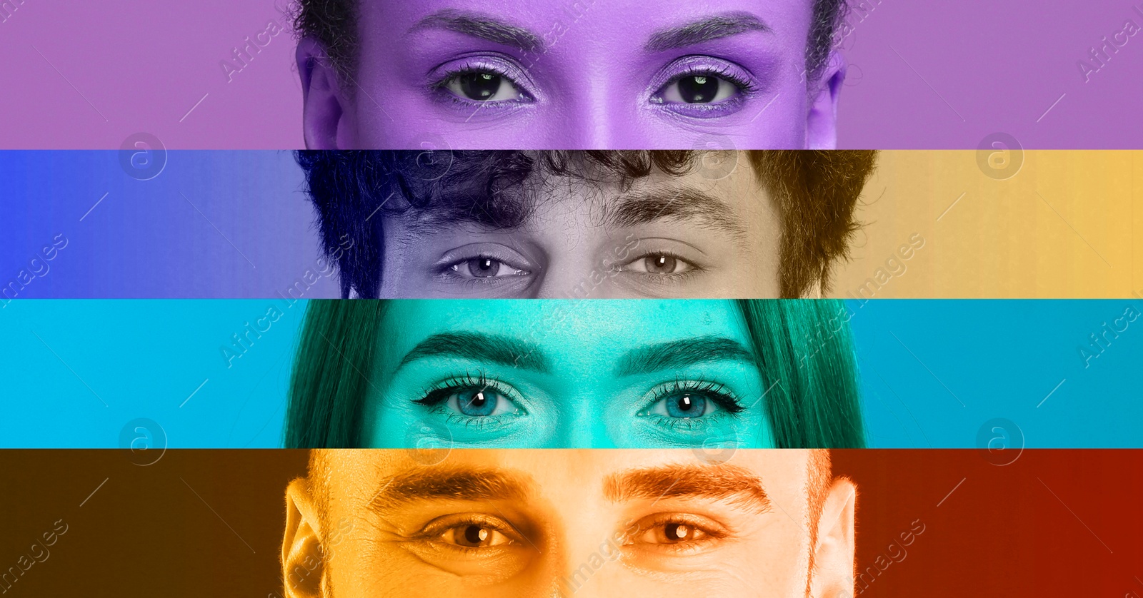 Image of Men and women, closeup. Collage with color toned photos of eyes, banner design