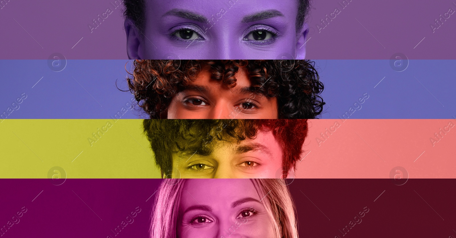 Image of Men and women, closeup. Collage with color toned photos of eyes, banner design