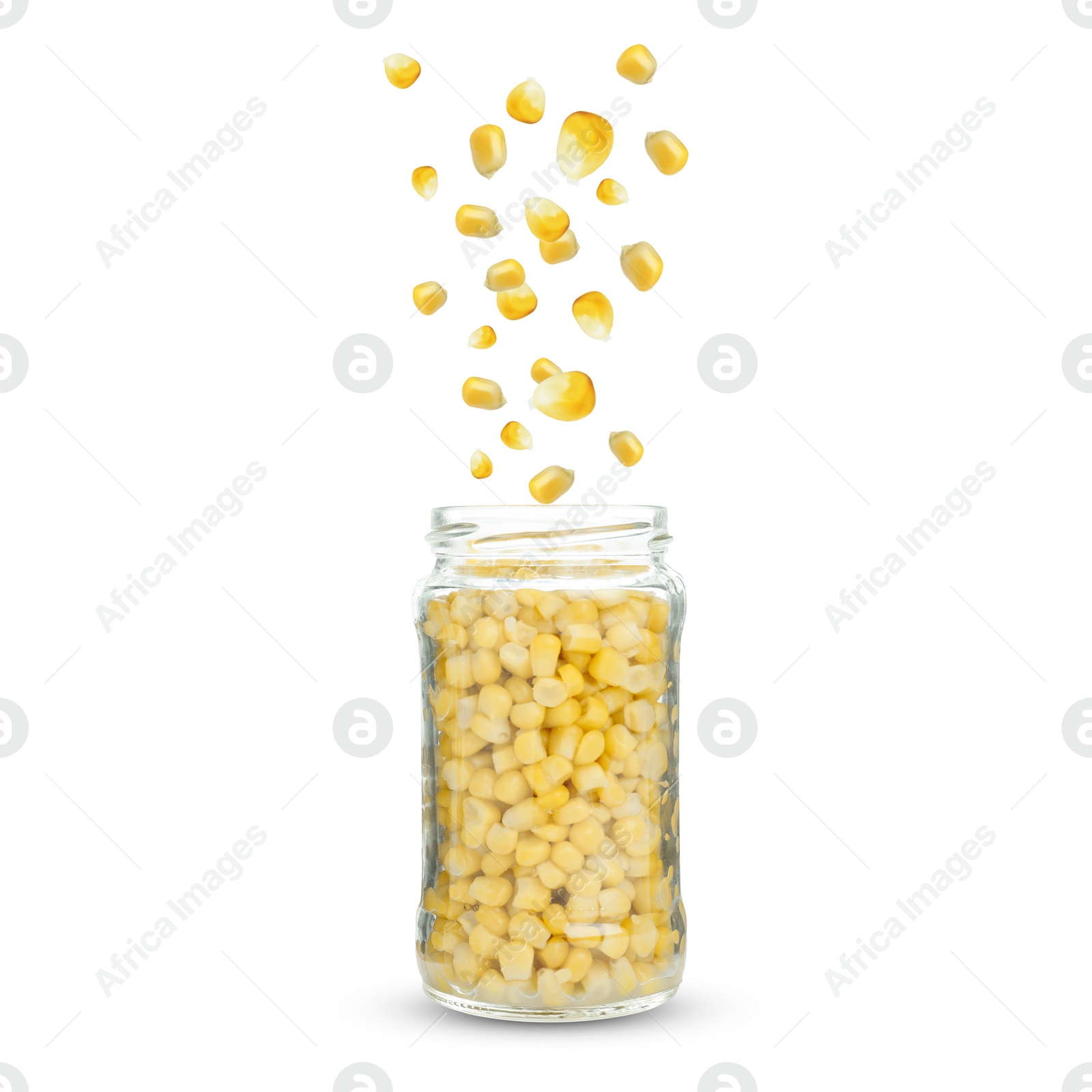 Image of Corns falling into jar on light grey background