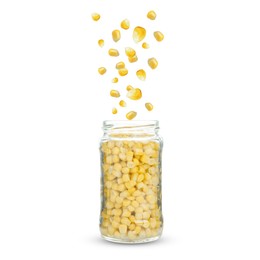 Image of Corns falling into jar on light grey background