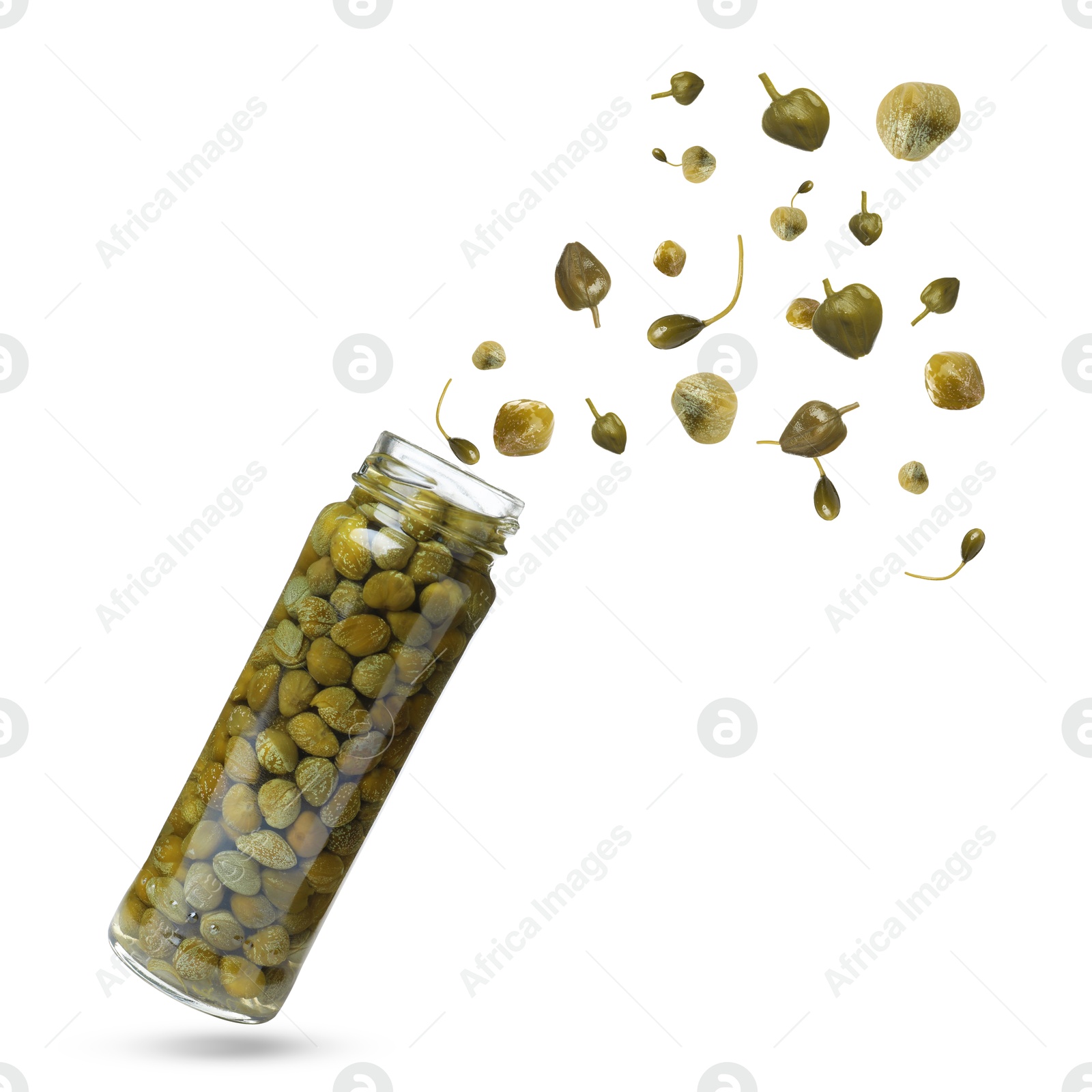 Image of Jar with capers in air on white background