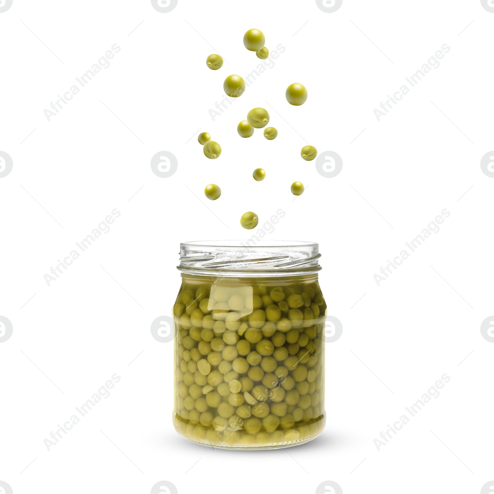 Image of Green peas falling into jar full of pickled peas on white background