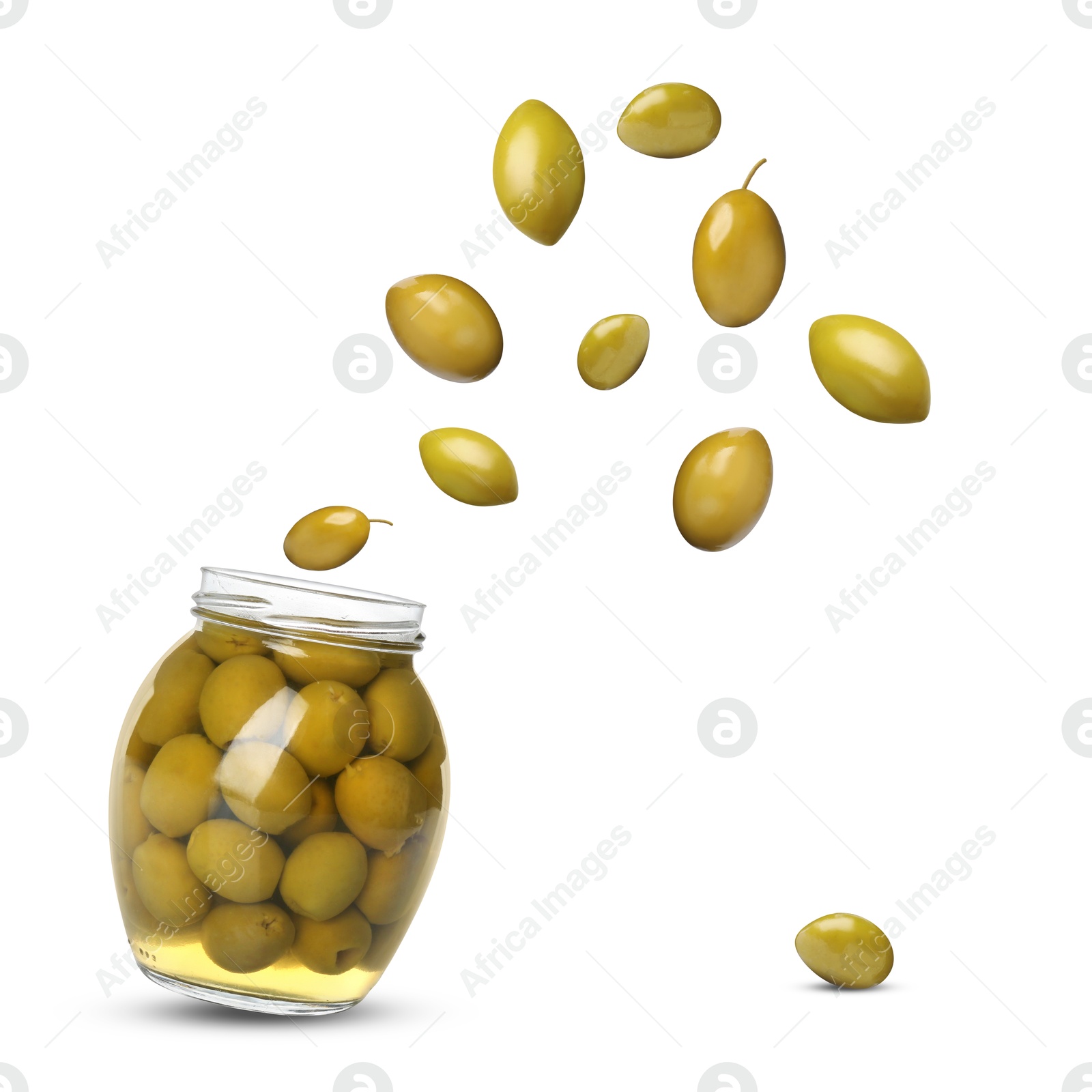 Image of Jar with pickled olives in air on white background