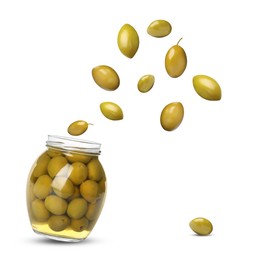 Image of Jar with pickled olives in air on white background