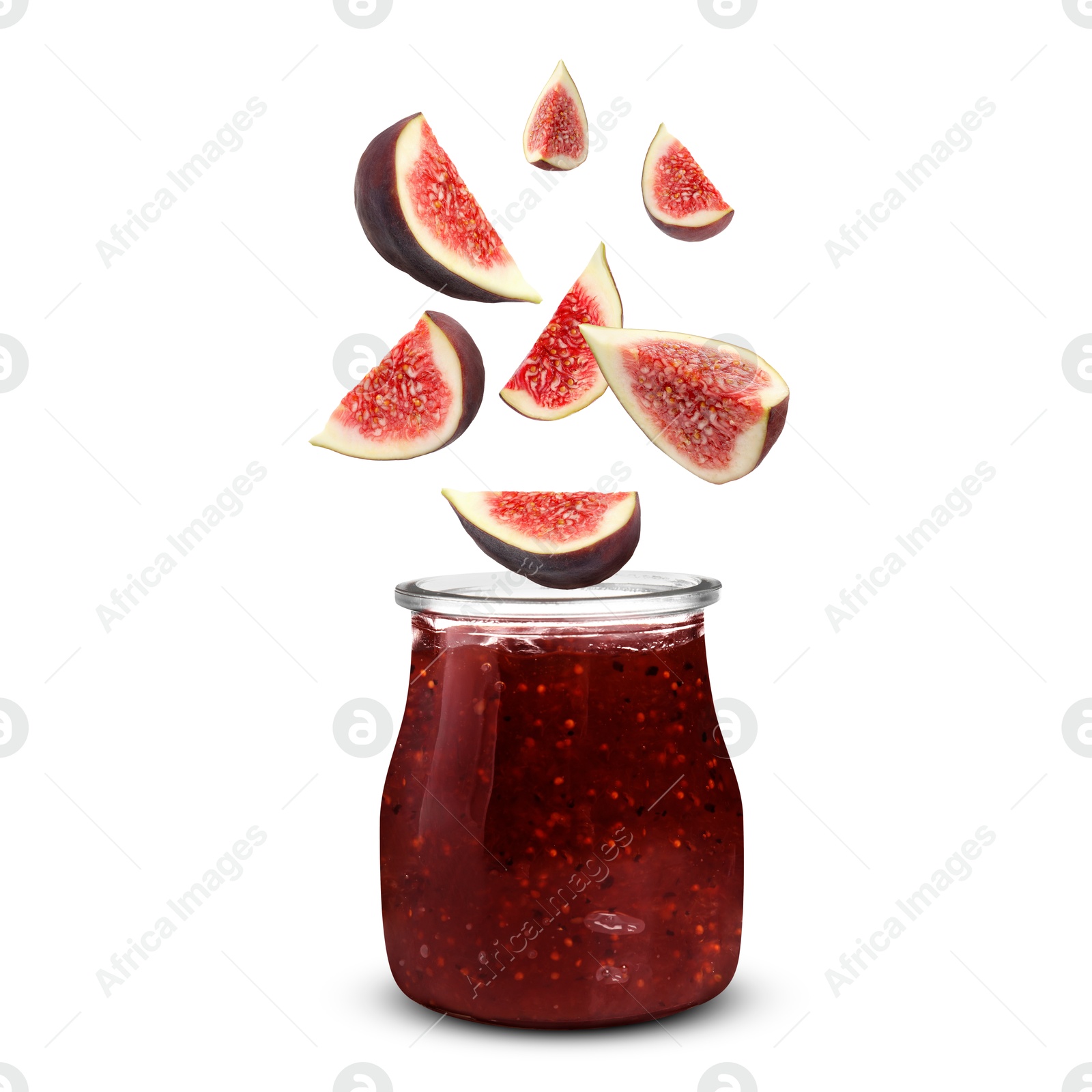 Image of Fresh figs falling into jar with fruit jam on white background