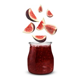 Image of Fresh figs falling into jar with fruit jam on white background