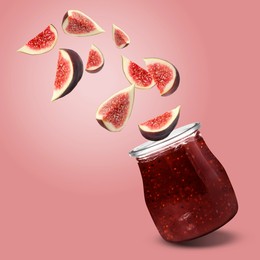 Image of Jar with fruit jam and fresh figs in air on pale red background