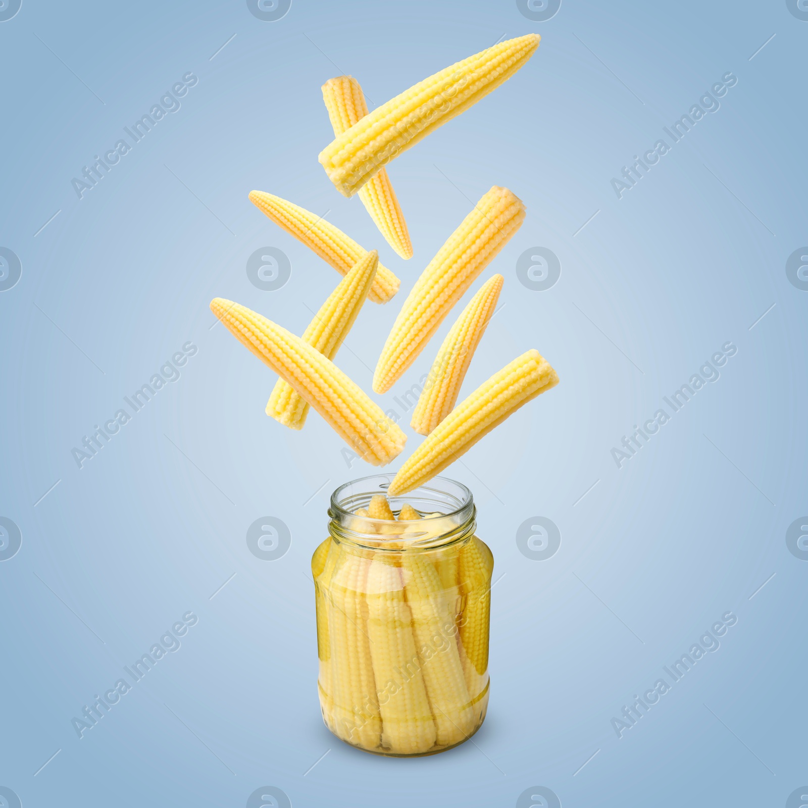 Image of Baby corn cobs falling into jar on light blue background