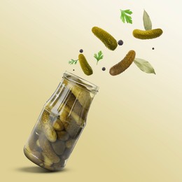 Image of Jar with pickled tomatoes and ingredients in air on yellow background