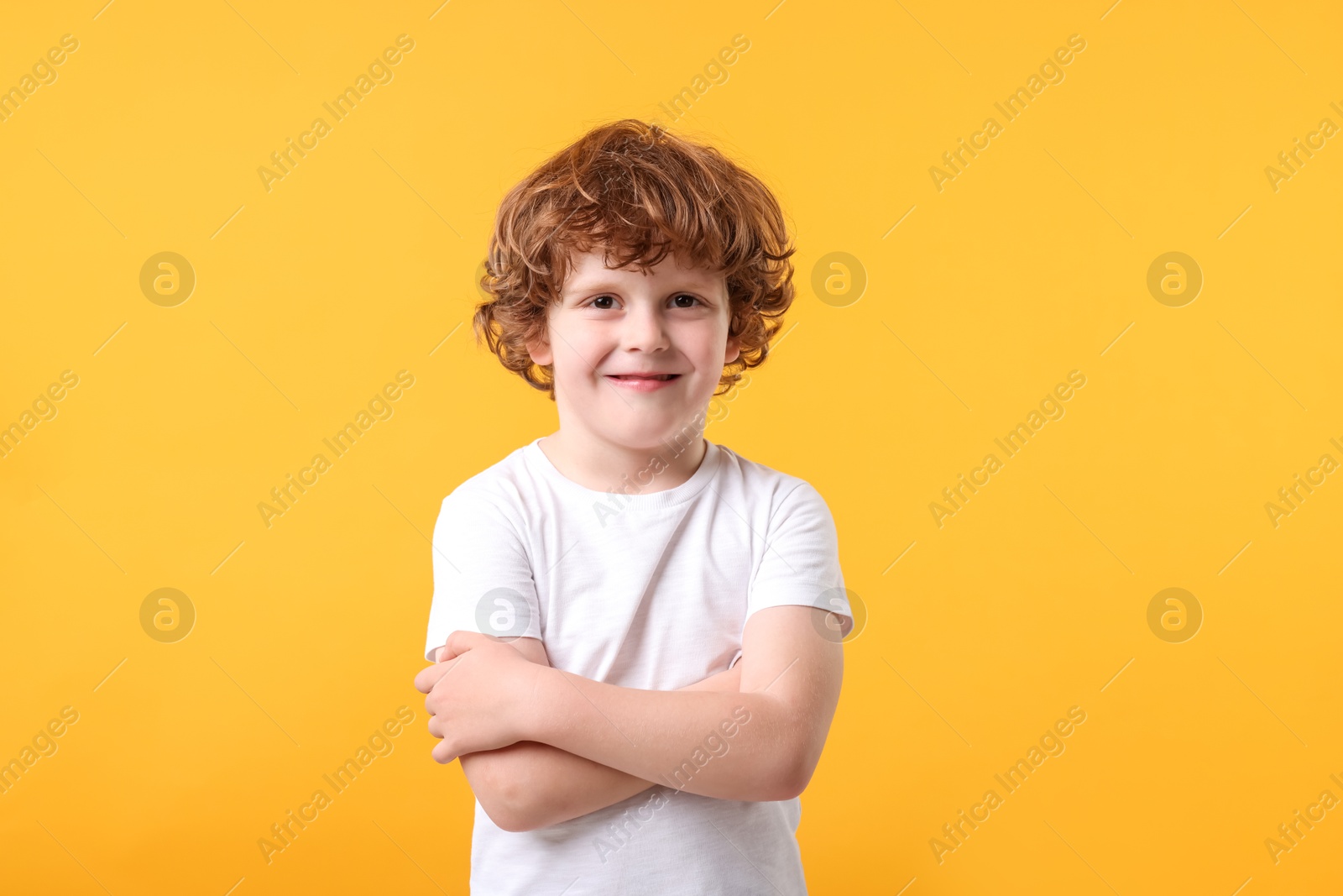 Photo of Portrait of cute little boy with crossed arms on orange background