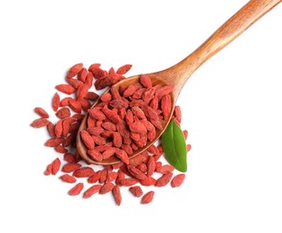 Dried goji berries, leaf and spoon isolated on white, top view