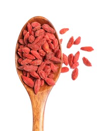 Dried goji berries and spoon isolated on white, top view