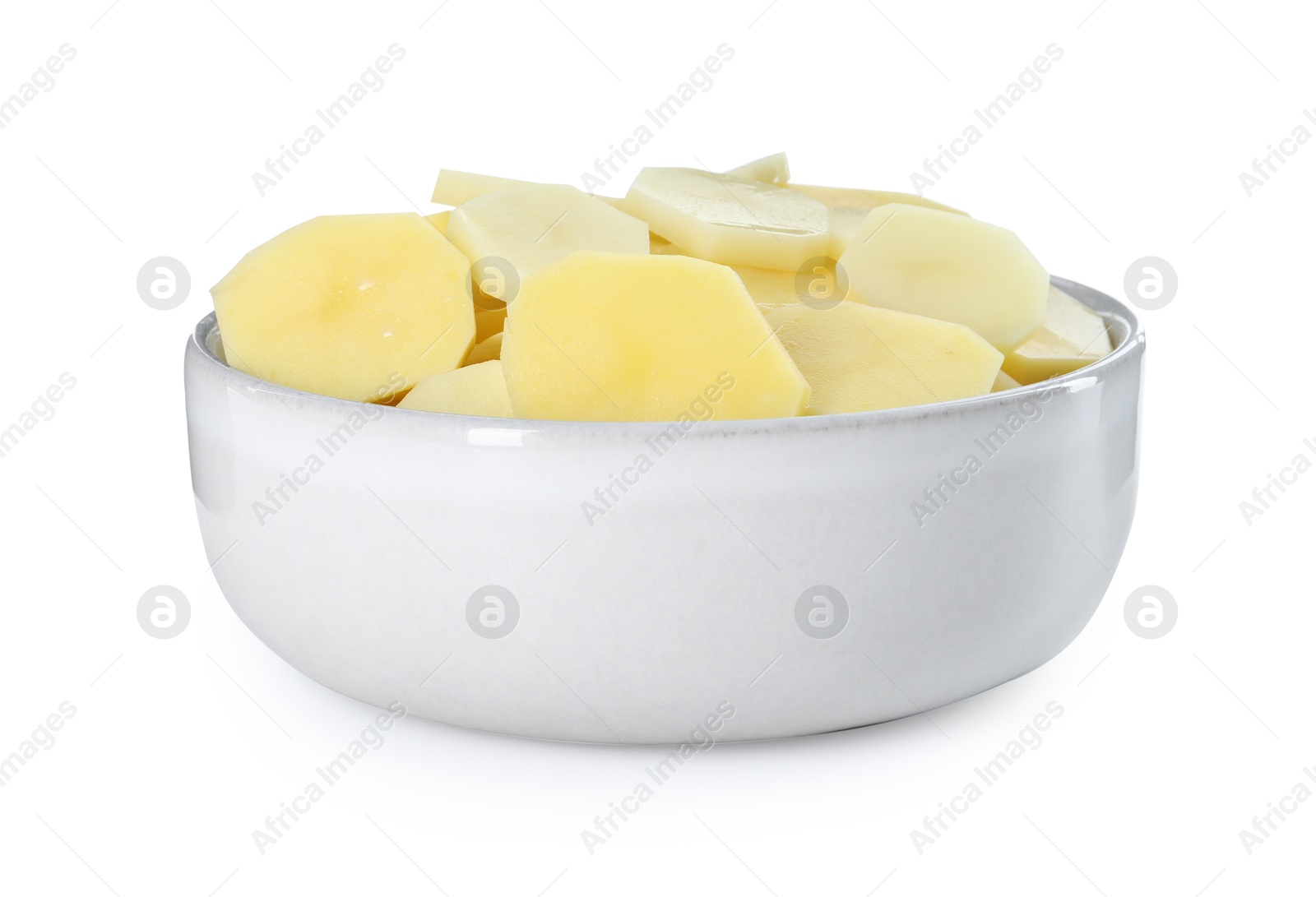 Photo of Fresh raw potatoes in bowl isolated on white