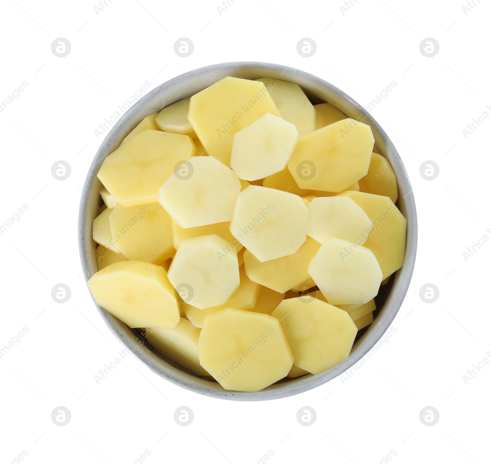 Photo of Fresh raw potatoes in bowl isolated on white, top view