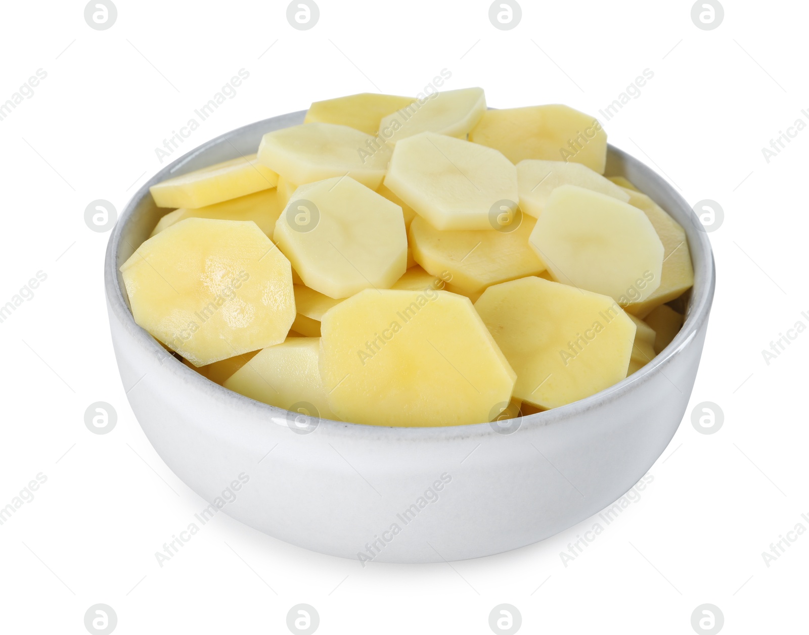 Photo of Fresh raw potatoes in bowl isolated on white