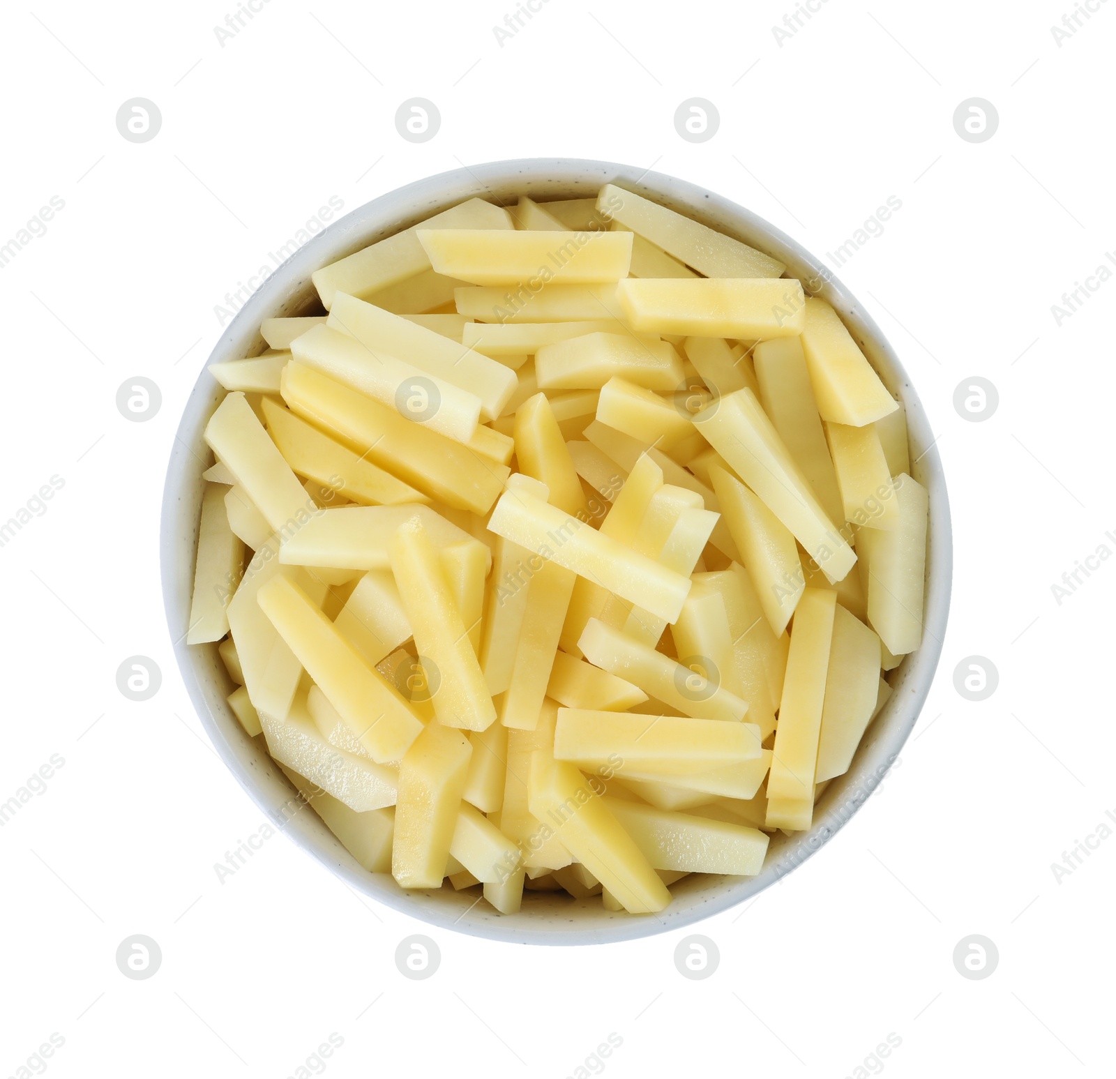 Photo of Fresh raw potatoes in bowl isolated on white, top view