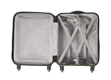 Photo of Open empty suitcase for travelling isolated on white, top view