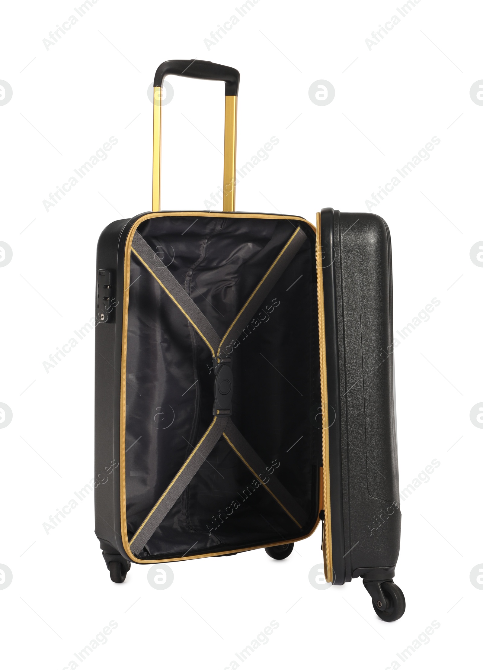 Photo of Open empty suitcase for travelling isolated on white