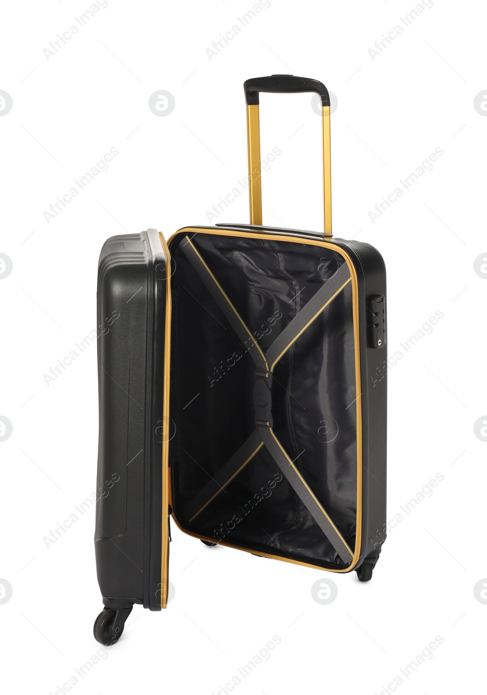 Photo of Open empty suitcase for travelling isolated on white