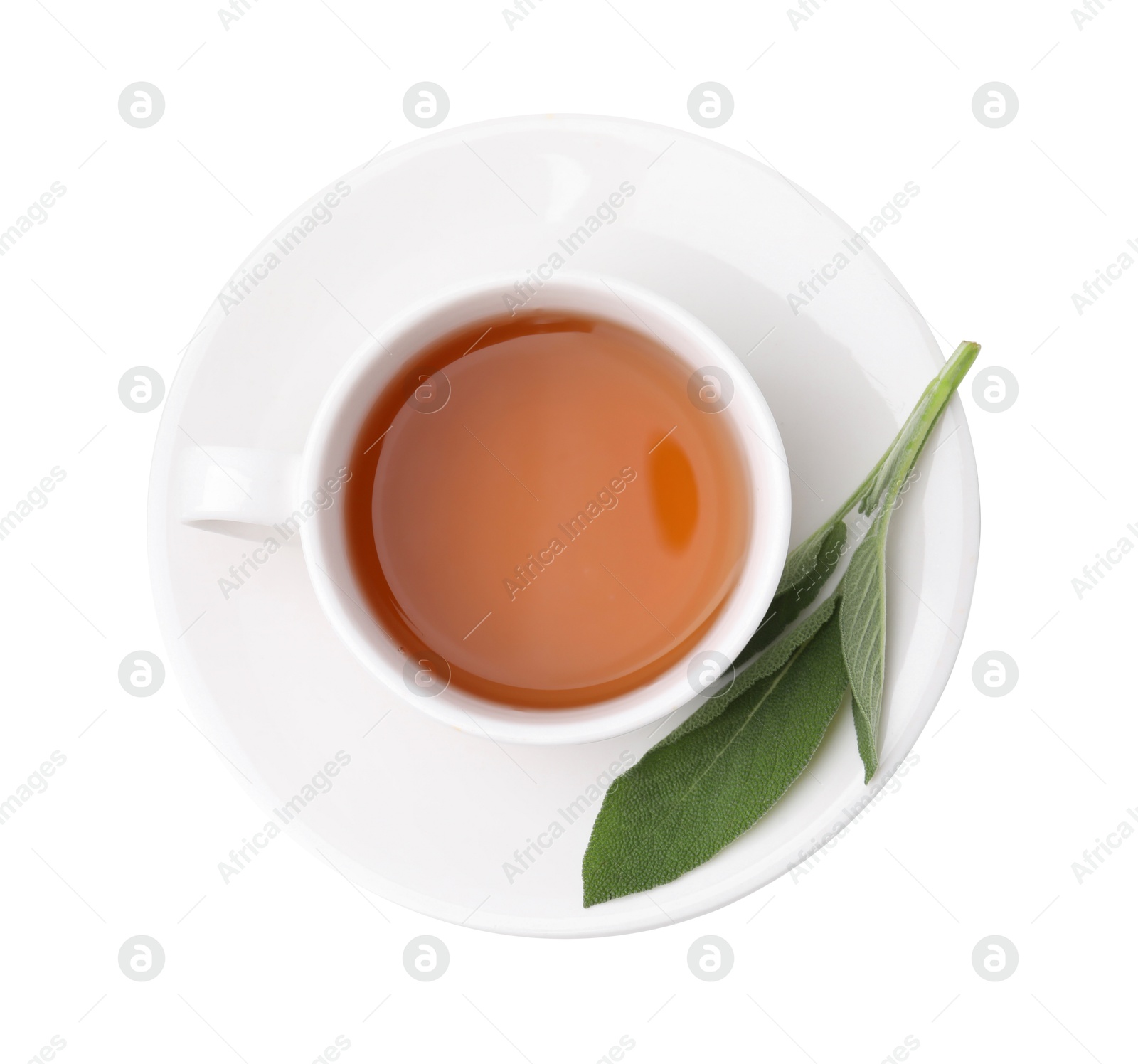 Photo of Aromatic herbal tea in cup with sage isolated on white, top view