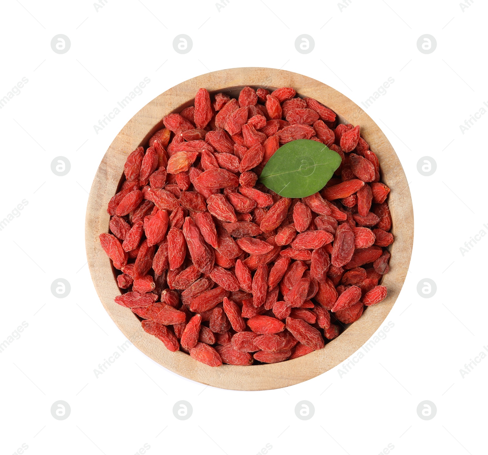 Photo of Dried goji berries in bowl isolated on white, top view