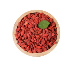 Dried goji berries in bowl isolated on white, top view