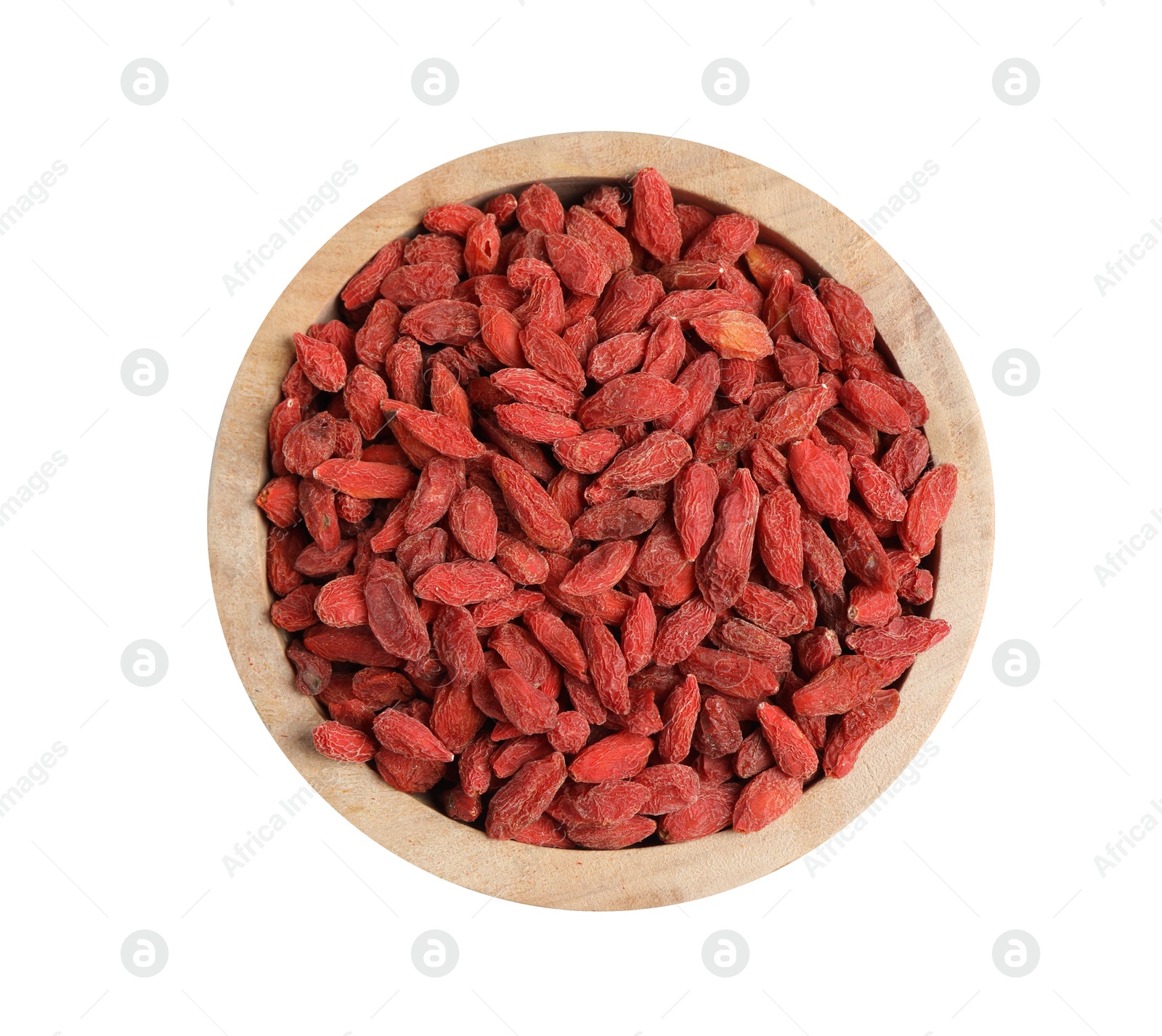 Photo of Dried goji berries in bowl isolated on white, top view