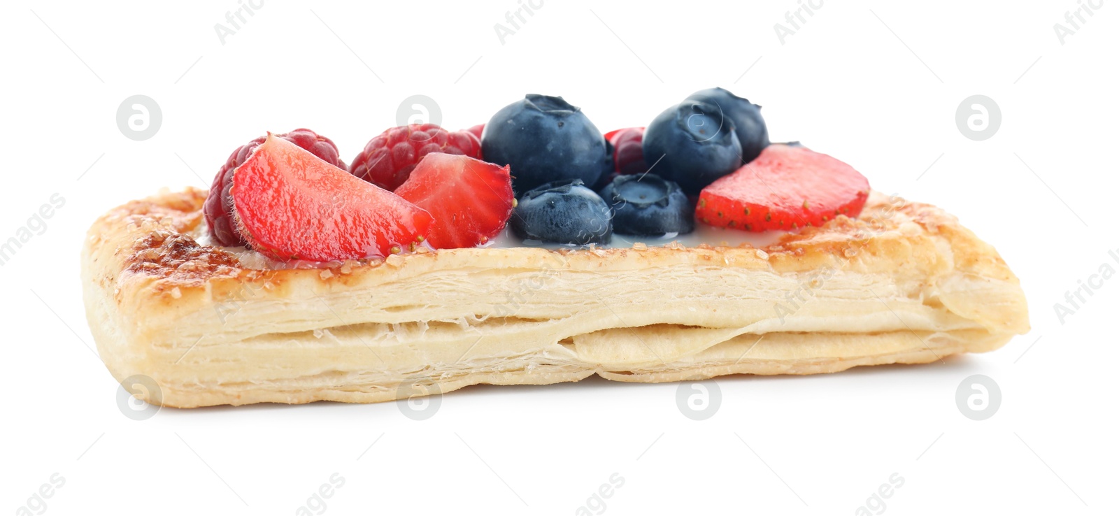 Photo of Tasty puff pastry with berries isolated on white