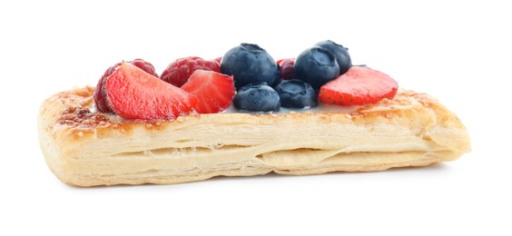 Photo of Tasty puff pastry with berries isolated on white