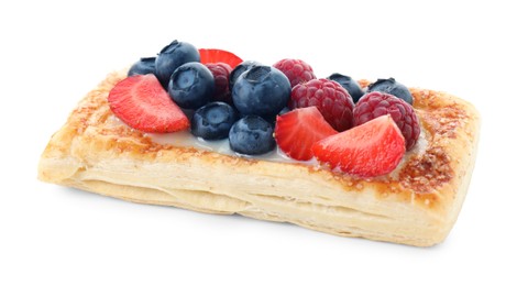 Photo of Tasty puff pastry with berries isolated on white