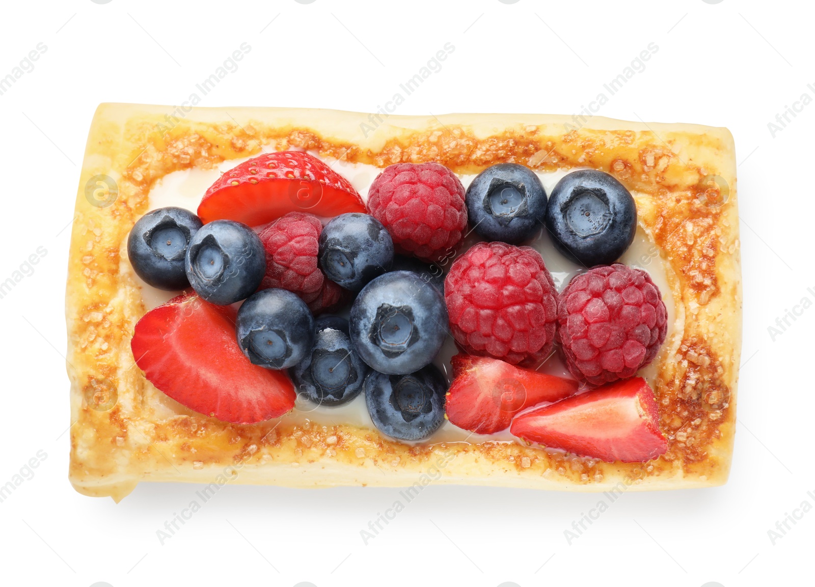 Photo of Tasty puff pastry with berries isolated on white, top view