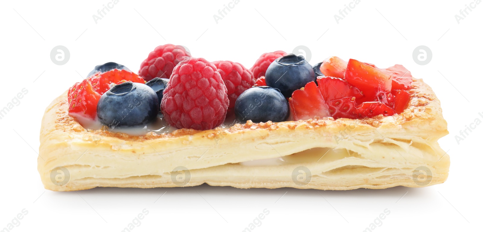 Photo of Tasty puff pastry with berries isolated on white