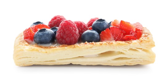 Photo of Tasty puff pastry with berries isolated on white