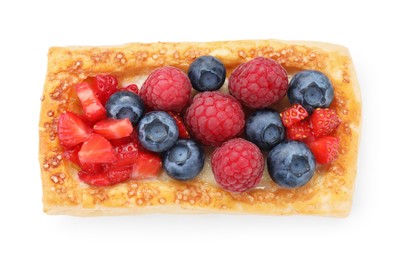 Photo of Tasty puff pastry with berries isolated on white, top view