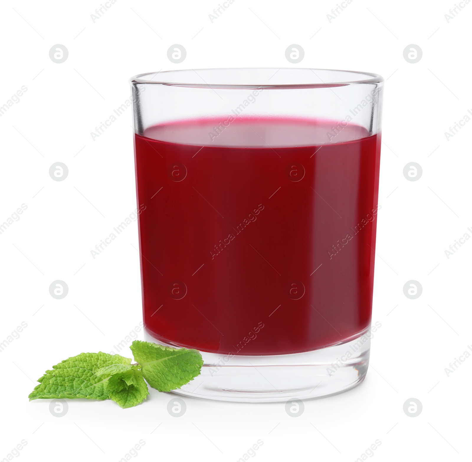 Photo of Fresh beet juice in glass and mint isolated on white