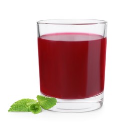 Photo of Fresh beet juice in glass and mint isolated on white