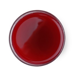 Photo of Fresh beet juice in glass isolated on white, top view