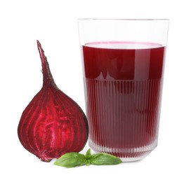 Photo of Fresh beet juice in glass, ripe vegetable and basil isolated on white