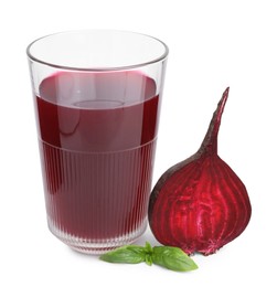 Photo of Fresh beet juice in glass, ripe vegetable and basil isolated on white