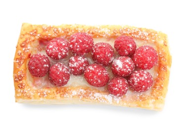 Photo of Tasty puff pastry with raspberries isolated on white, top view