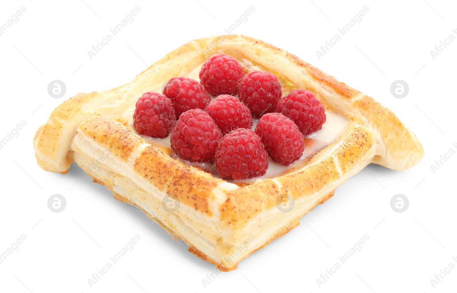 Photo of Tasty puff pastry with raspberries isolated on white