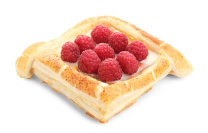 Photo of Tasty puff pastry with raspberries isolated on white