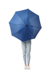 Photo of Woman with blue umbrella on white background