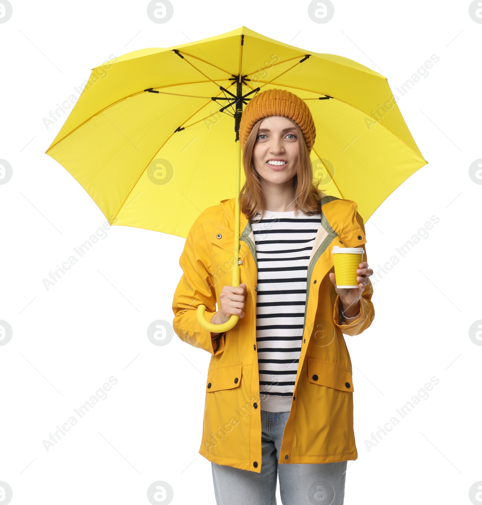 Photo of Woman with yellow umbrella and paper cup on white background