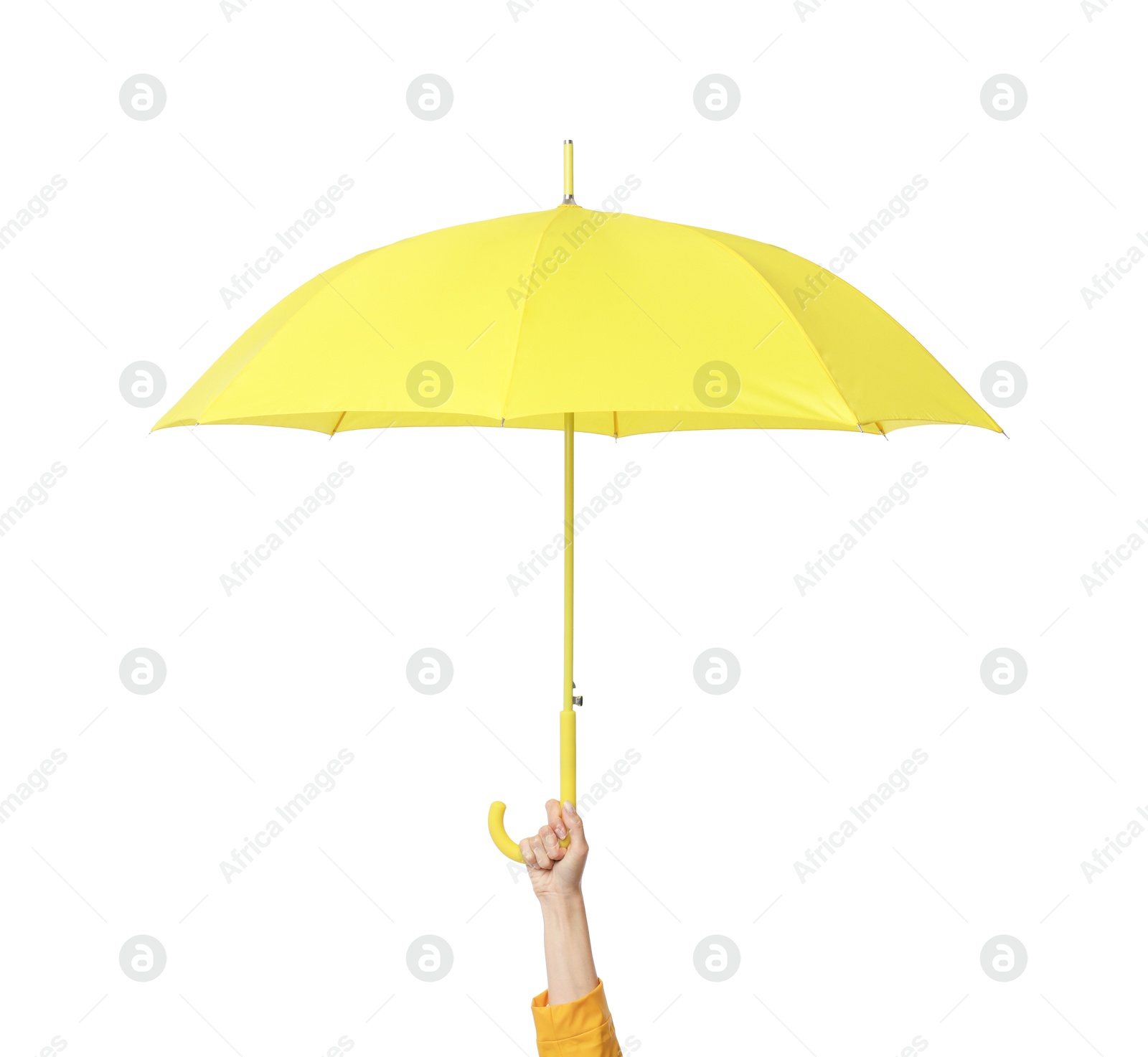 Photo of Woman with yellow umbrella on white background, closeup