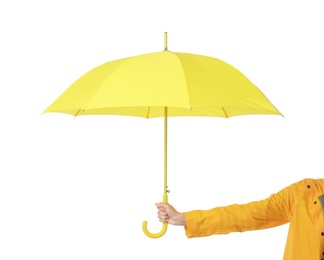 Woman with yellow umbrella on white background, closeup