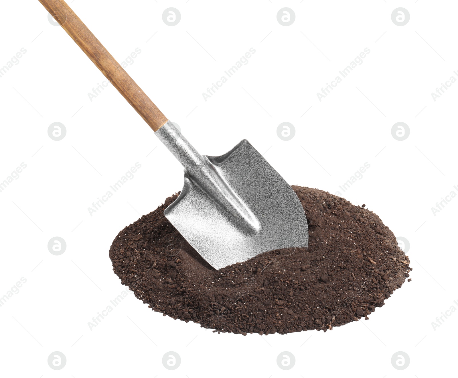 Photo of Metal shovel with wooden handle and pile of soil isolated on white