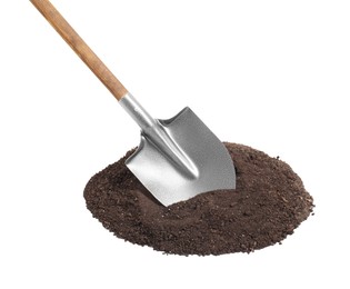 Photo of Metal shovel with wooden handle and pile of soil isolated on white