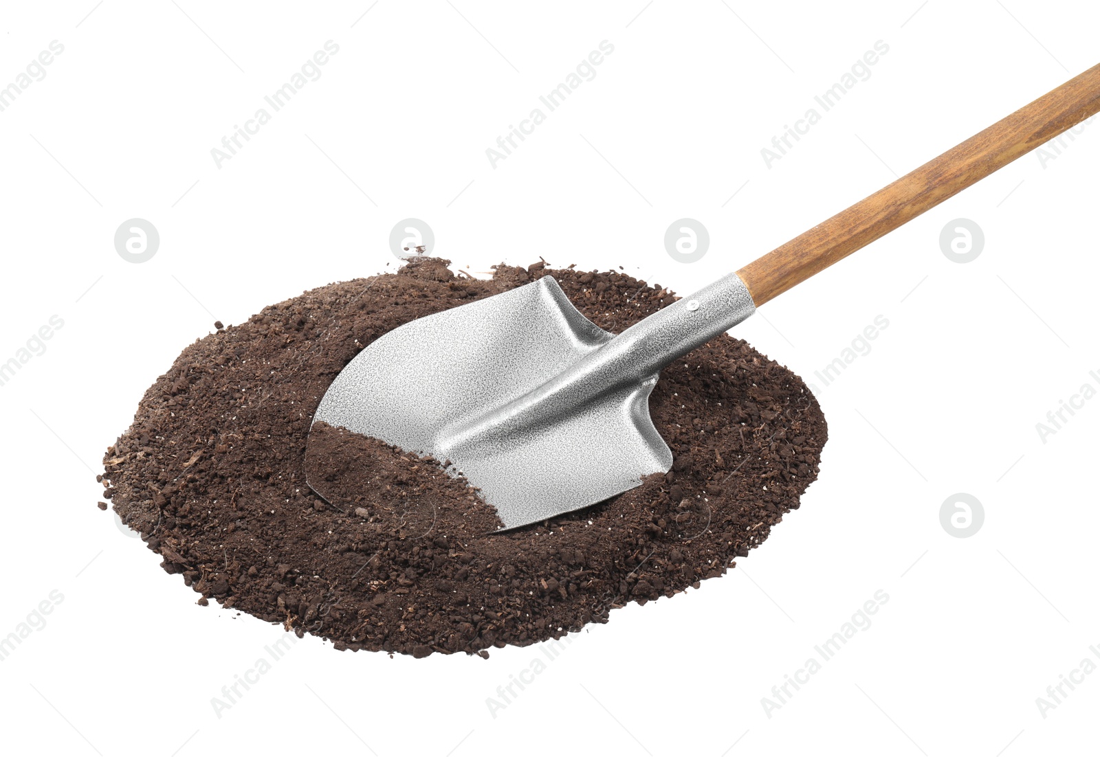 Photo of Metal shovel with wooden handle and pile of soil isolated on white